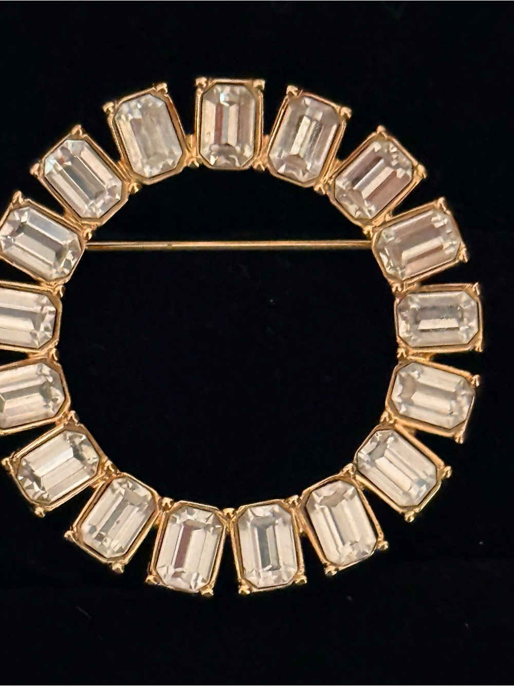 Monet Gold-Tone Clear Crystal Circle Brooch Vintage